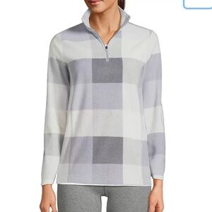 Women's Lands End Fleece Qtr Zip Pullover gray/white buffalo check Sz Medium NWT